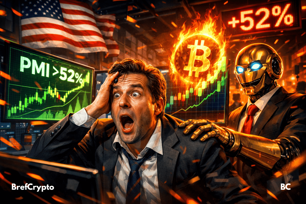 Un trader stupéfait devant un écran affichant "PMI >52%" et un Bitcoin en feu