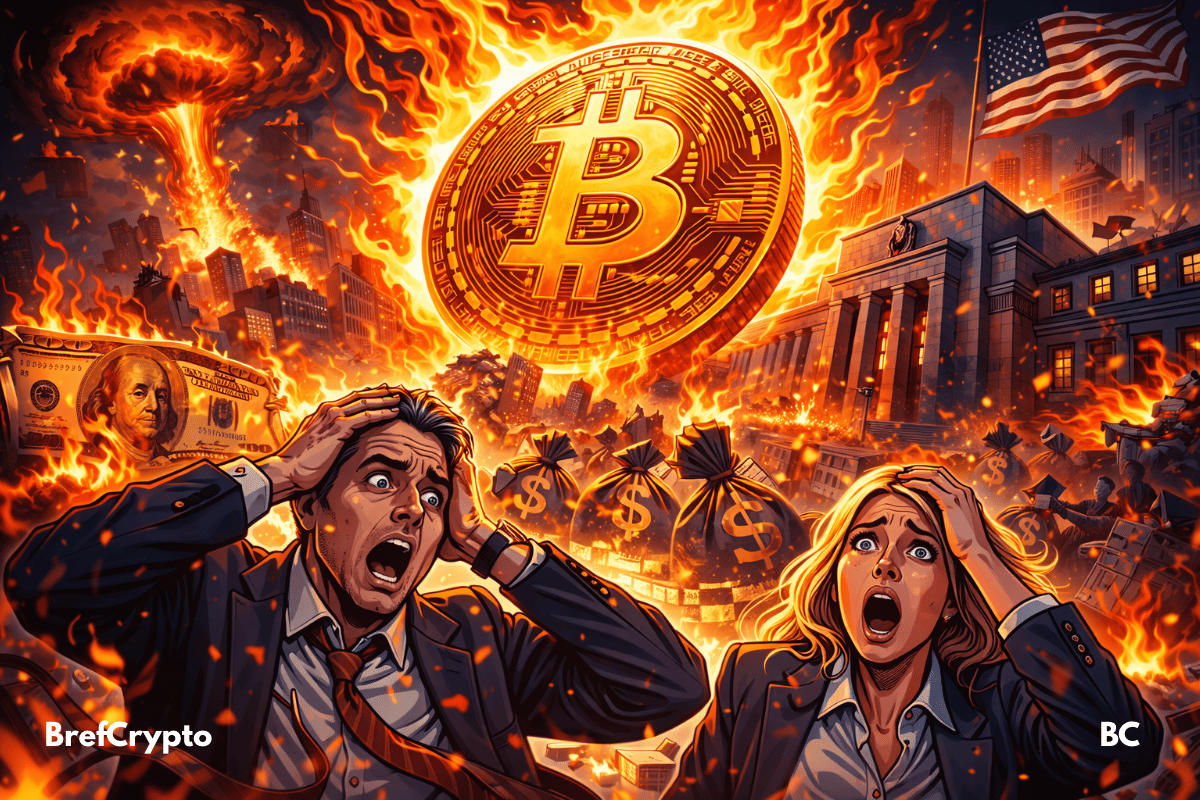Bitcoin géant en feu avec traders paniqué et destruction du dollar