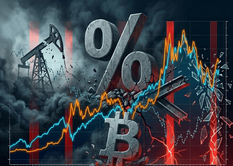Graphique financier montrant la chute du Bitcoin sous la pression des taux américains et de la hausse du pétrole.