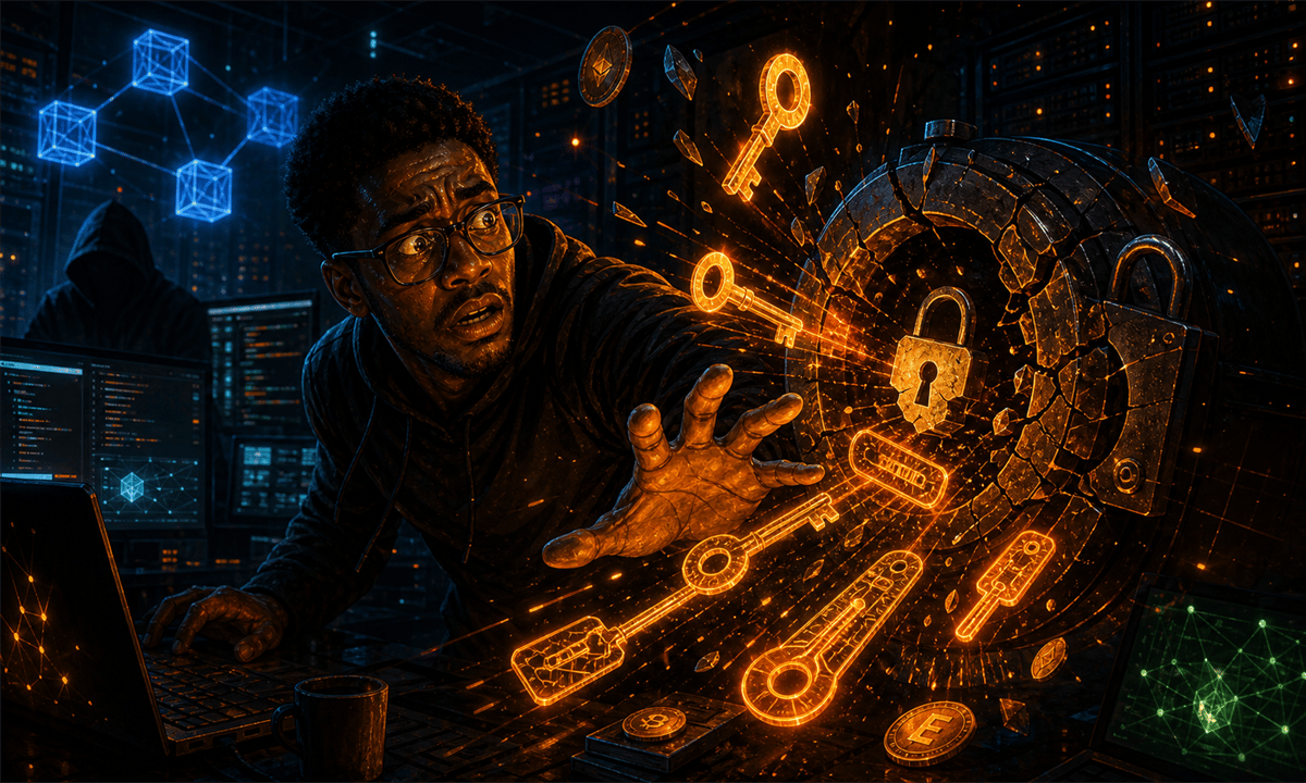 Développeur crypto inquiet devant des clés API exposées dans un dépôt de code