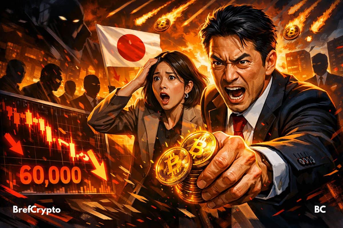 illustration representant des dirigeants japonais réagissant à la chute du Bitcoin au tour de 60 000, symbolisant la stratégie d'achat de Metaplanet malgré la baisse du marché
