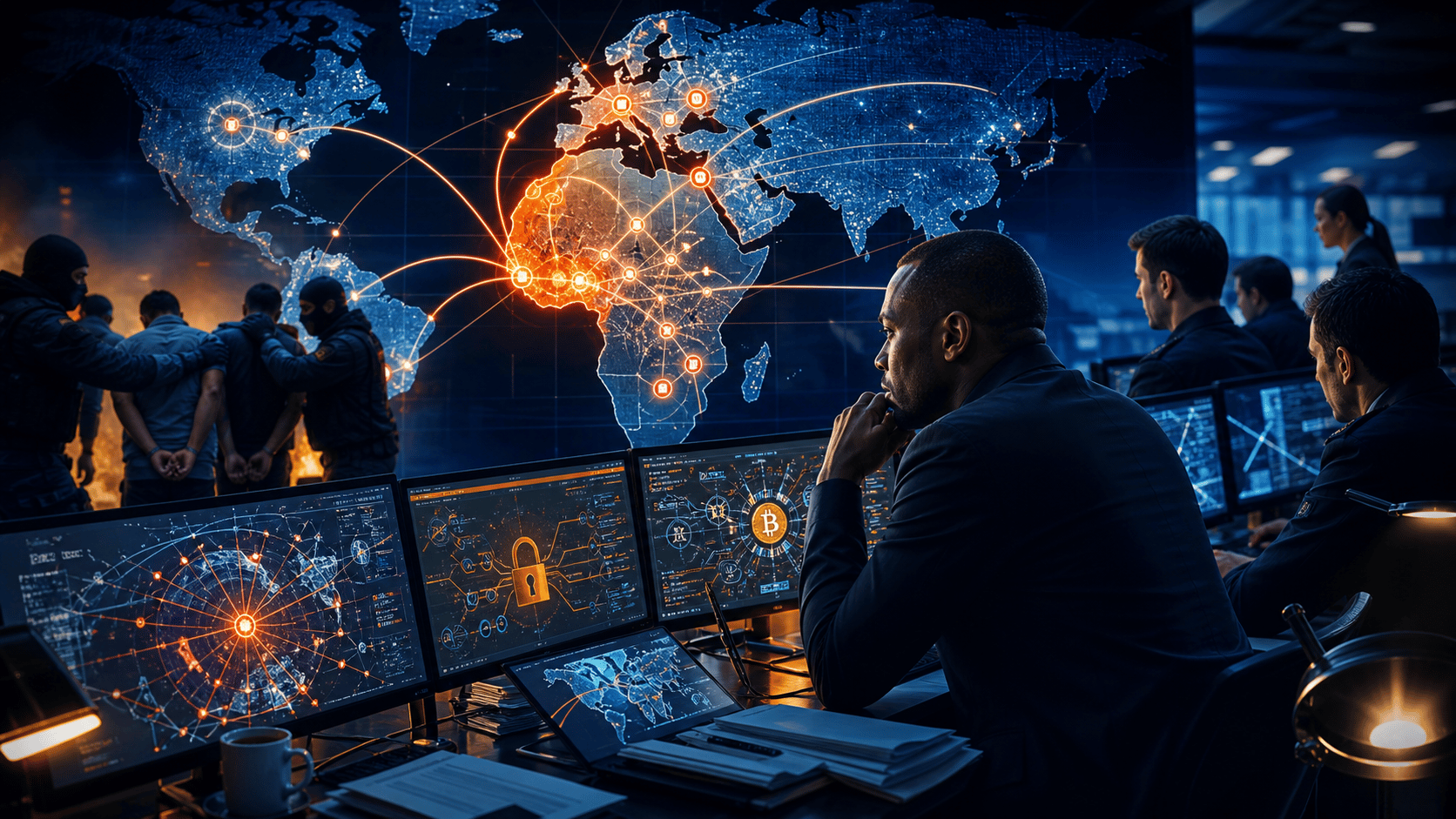Enquêteurs démantelant un réseau international de cybercriminalité lié à l’Afrique de l’Ouest