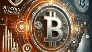 Pièce Bitcoin au centre d'une illustration technique consacrée à Taproot et à la sécurité des transactions.