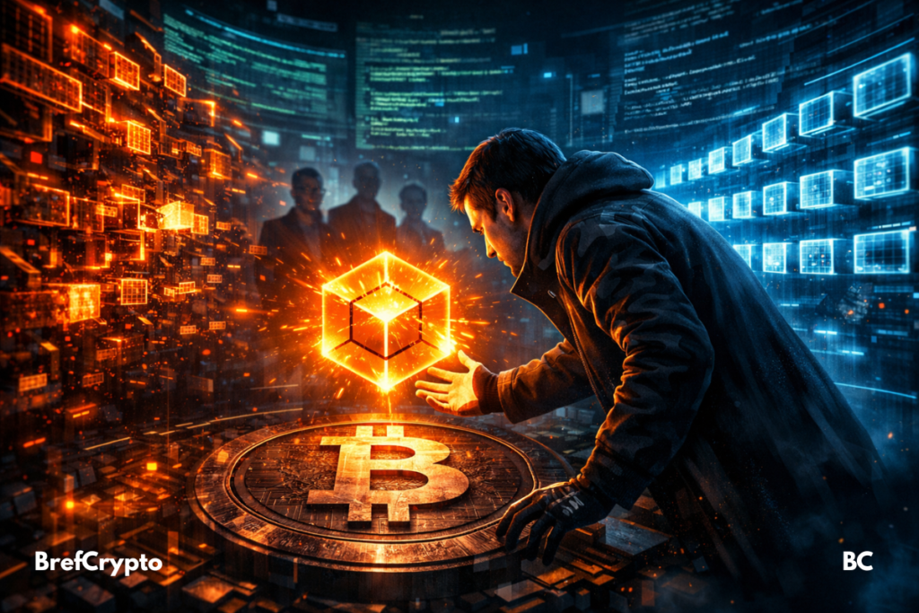 Un homme tend la main vers un cube orange lumineux flottant sur un logo Bitcoin, entouré de blocs de données en désordre devenant ordonnés.