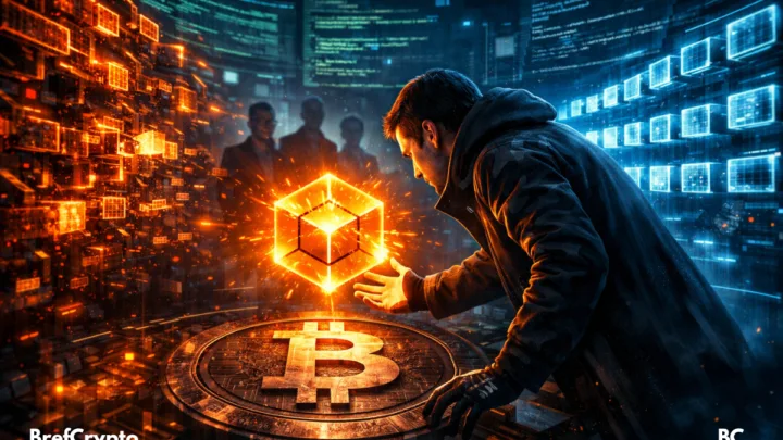 Un homme tend la main vers un cube orange lumineux flottant sur un logo Bitcoin, entouré de blocs de données en désordre devenant ordonnés.