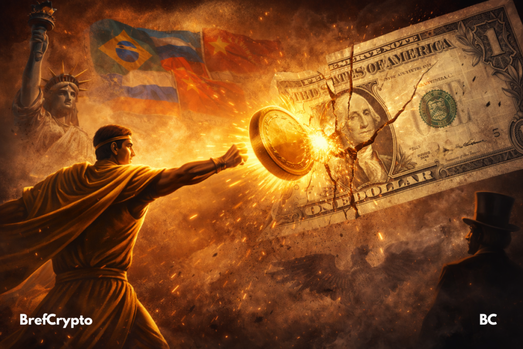 Un membre des BRICS lance une pièce d’or géante, fissurant un dollar, sous des drapeaux flamboyants.