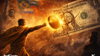 Un membre des BRICS lance une pièce d’or géante, fissurant un dollar, sous des drapeaux flamboyants.