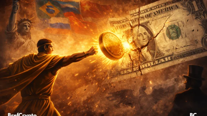 Un membre des BRICS lance une pièce d’or géante, fissurant un dollar, sous des drapeaux flamboyants.