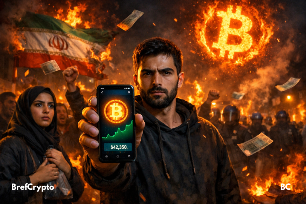 un homme brandit un smartphone avec Bitcoin, foule en colère, flammes, drapeau brûlé, tension palpable.