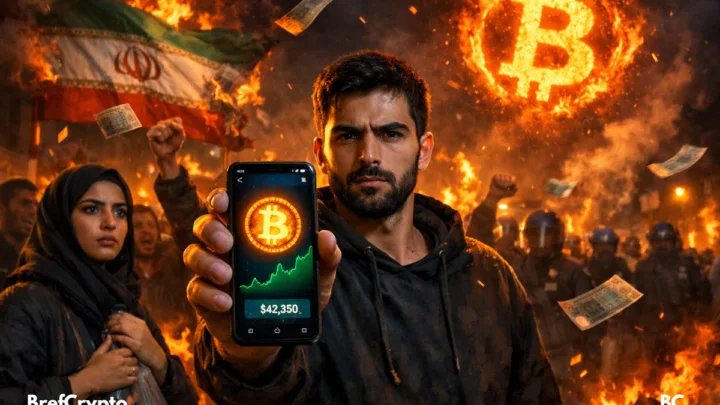 un homme brandit un smartphone avec Bitcoin, foule en colère, flammes, drapeau brûlé, tension palpable.