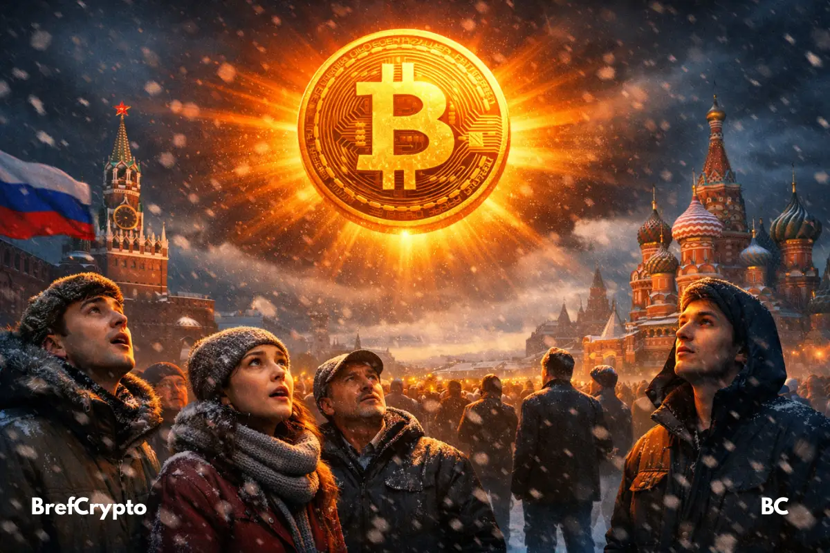 Foule russe fascinée par un immense Bitcoin lumineux flottant au-dessus de la Place Rouge, sous un ciel hivernal dramatique.