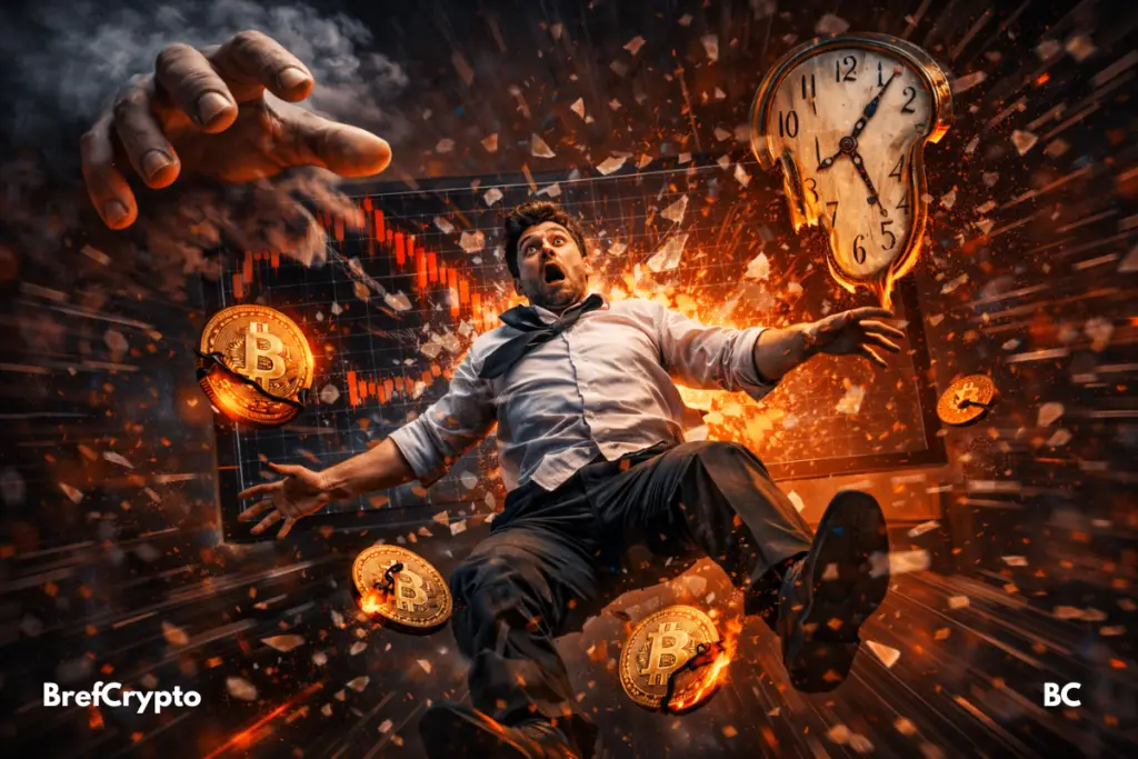 Chute ralentie d’un trader, pièces Bitcoin en feu