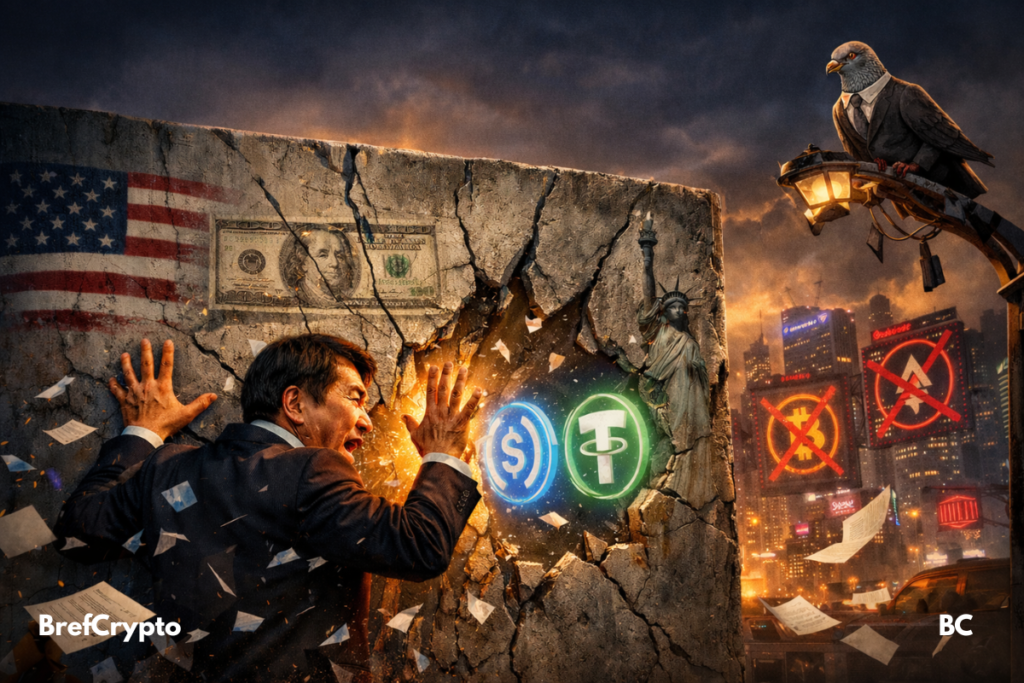Un homme coréen heurte un mur fissuré dévoilant USDC et Tether, sous le regard d’un pigeon costumé.