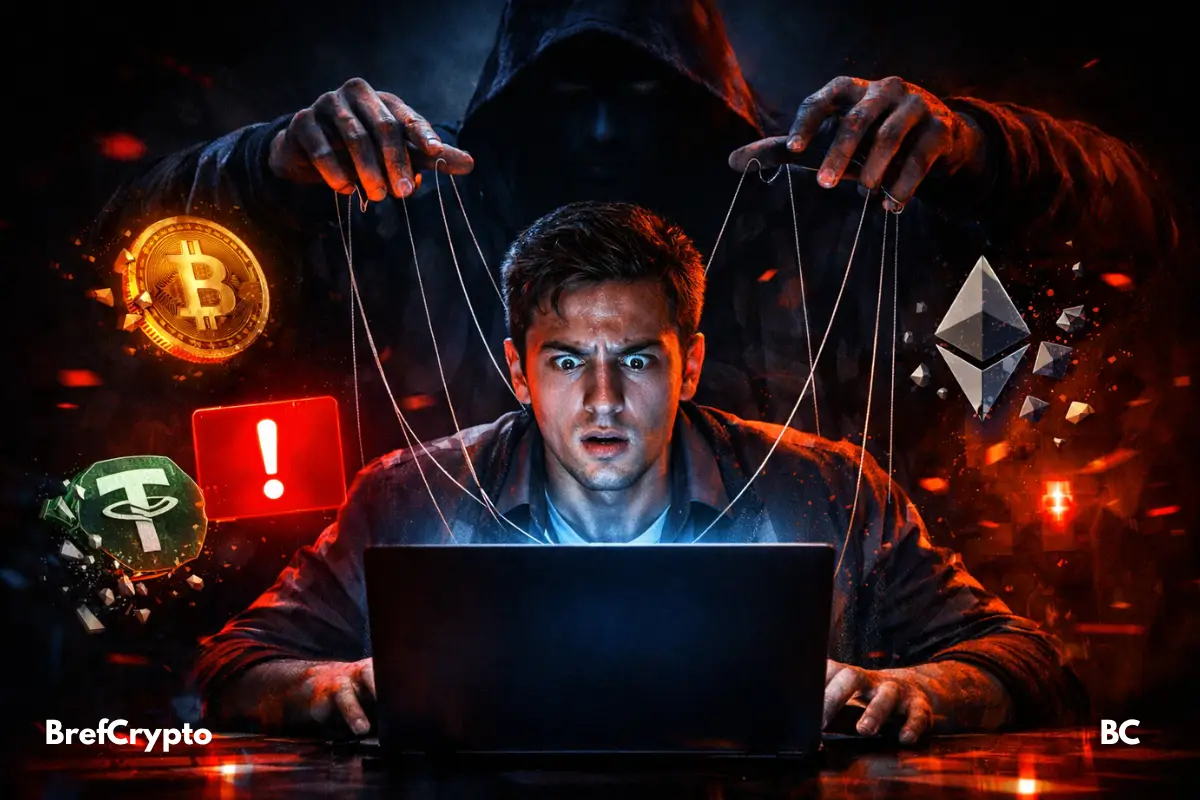 Un homme choqué devant son ordinateur, manipulé par une silhouette sombre, entouré de symboles crypto et d’alertes rouges.