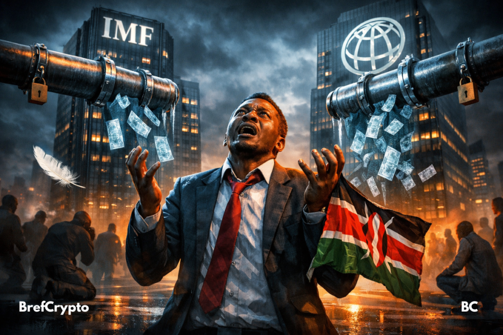 Un homme en costume froissé brandit un drapeau kényan avec détresse