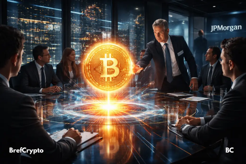 un dirigeant de JPMorgan tend la main vers un hologramme Crypto