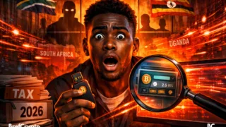Un jeune homme choqué tient une clé crypto