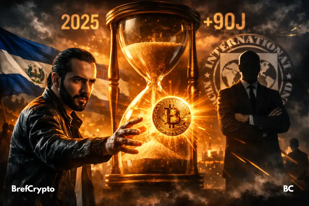 Un homme tend la main vers un Bitcoin lumineux devant un sablier, sous les regards d’une silhouette menaçante.