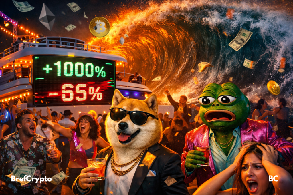 Fête crypto luxueuse basculant dans le chaos, mascottes paniquées face à une vague géante et chute brutale.