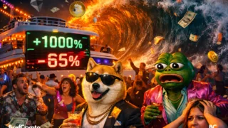 Fête crypto luxueuse basculant dans le chaos, mascottes paniquées face à une vague géante et chute brutale.