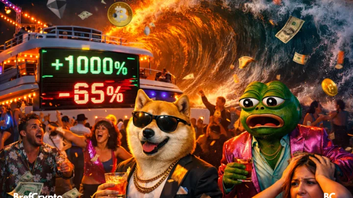 Fête crypto luxueuse basculant dans le chaos, mascottes paniquées face à une vague géante et chute brutale.