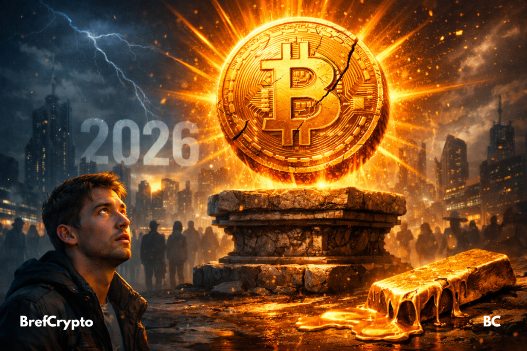 Un Bitcoin doré fissuré flotte au-dessus d’un socle antique, observé par une foule en 2026.