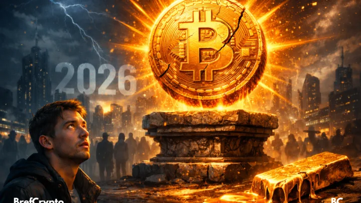 Un Bitcoin doré fissuré flotte au-dessus d’un socle antique, observé par une foule en 2026.