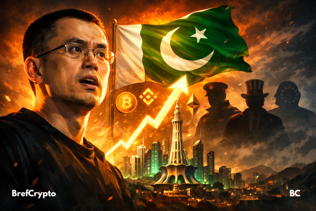 CZ devant un drapeau pakistanais et symboles crypto,