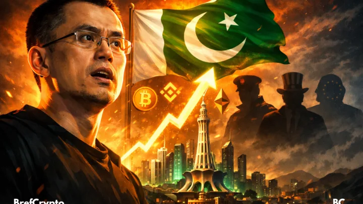 CZ devant un drapeau pakistanais et symboles crypto,