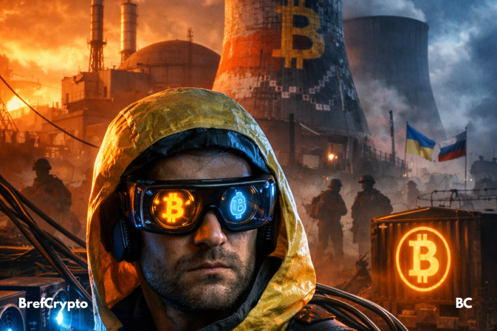 Les États-Unis envisagent le minage crypto sur le site de la centrale nucléaire contestée en zone de conflit russo-ukrainienne Un homme entouré d’équipements de minage crypto,