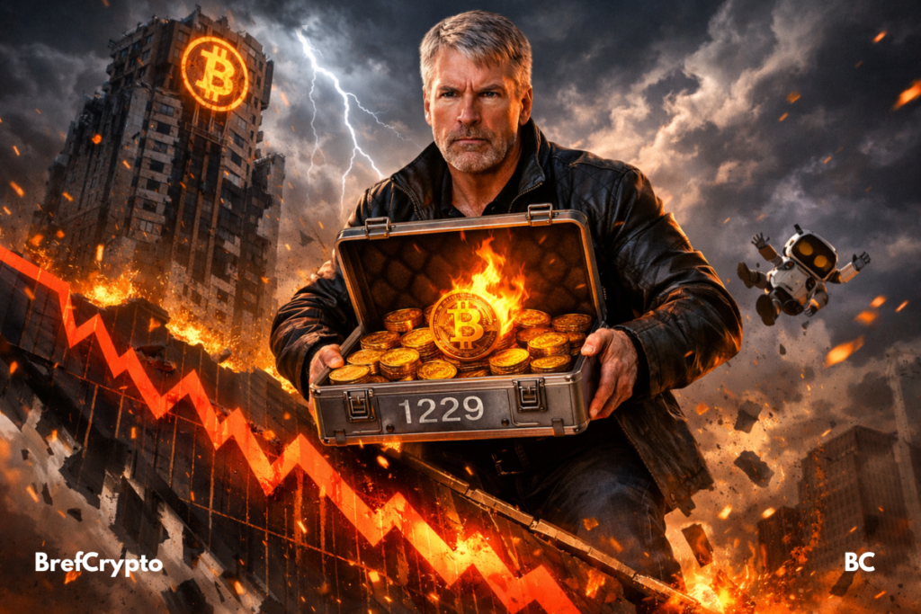 Portrait dramatique de Michael Saylor tenant une valise brûlante remplie de bitcoins, sur fond de graphique en chute libre et d’immeubles en feu, symbolisant l’achat audacieux de 1 229 BTC en pleine baisse du marché en 2025.