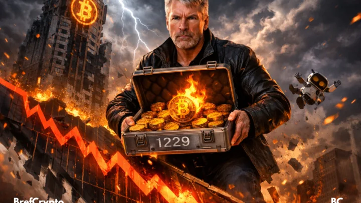 Portrait dramatique de Michael Saylor tenant une valise brûlante remplie de bitcoins, sur fond de graphique en chute libre et d’immeubles en feu, symbolisant l’achat audacieux de 1 229 BTC en pleine baisse du marché en 2025.