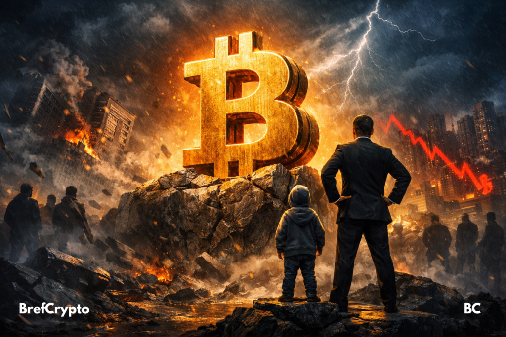 Un immense symbole doré du Bitcoin émerge d’un socle rocheux fissuré, illuminé par une lumière orange intense au centre d’un paysage chaotique