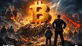Un immense symbole doré du Bitcoin émerge d’un socle rocheux fissuré, illuminé par une lumière orange intense au centre d’un paysage chaotique