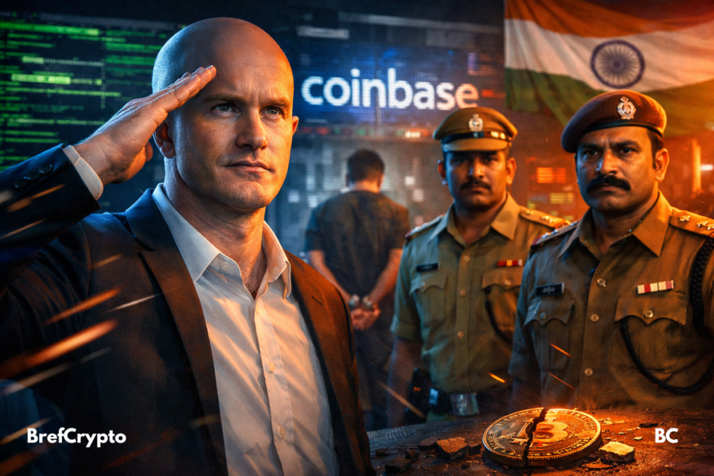 Brian Armstrong, en costume sombre, salue d’un geste ferme deux policiers indiens en uniforme ayant intervenu dans l'arrestation du pirate de l'exchange crypto coinbase