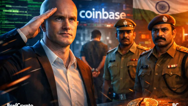 Brian Armstrong, en costume sombre, salue d’un geste ferme deux policiers indiens en uniforme ayant intervenu dans l'arrestation du pirate de l'exchange crypto coinbase