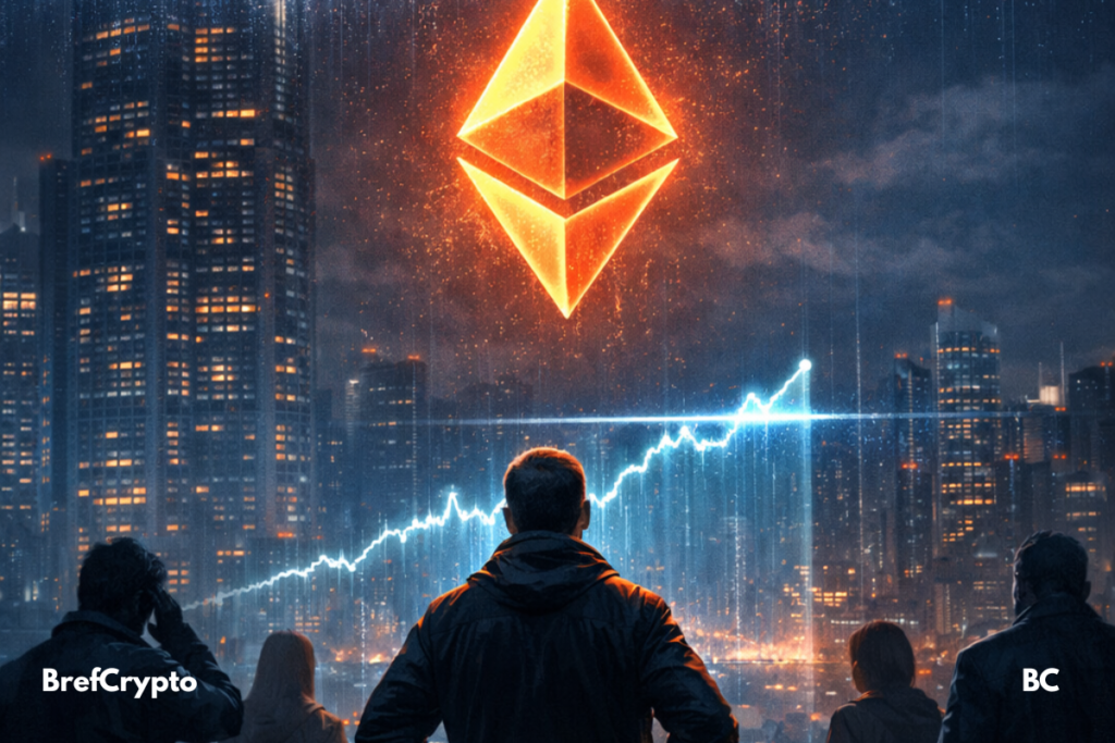 Un groupe d'investisseurs observe un logo Ethereum orange suspendu dans le ciel nocturne d'une ville futuriste en 2026.