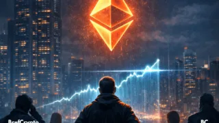 Un groupe d'investisseurs observe un logo Ethereum orange suspendu dans le ciel nocturne d'une ville futuriste en 2026.
