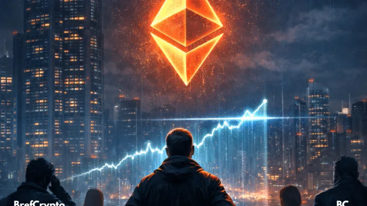 Un groupe d'investisseurs observe un logo Ethereum orange suspendu dans le ciel nocturne d'une ville futuriste en 2026.