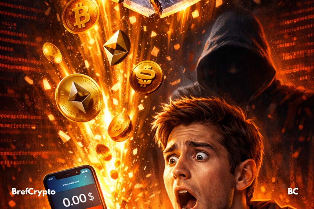 Un utilisateur sous le choc découvre la perte totale de ses fonds sur Trust Wallet, tandis que des crypto-monnaies s’échappent de son téléphone, sous l’œil d’un hacker tapi dans l’ombre.