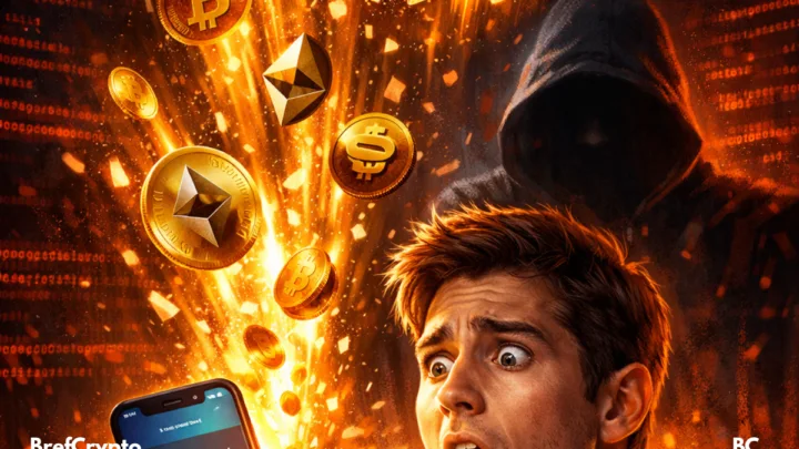 Un utilisateur sous le choc découvre la perte totale de ses fonds sur Trust Wallet, tandis que des crypto-monnaies s’échappent de son téléphone, sous l’œil d’un hacker tapi dans l’ombre.