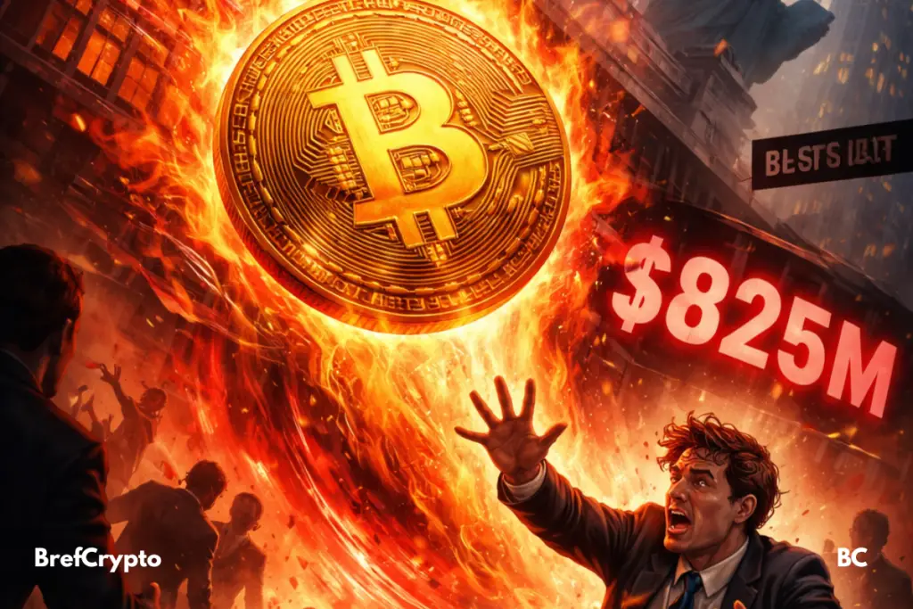 Un trader paniqué, à genoux au milieu d’une rue de Wall Street, tend les bras vers un énorme Bitcoin en flammes aspiré dans un vortex rougeoyant.