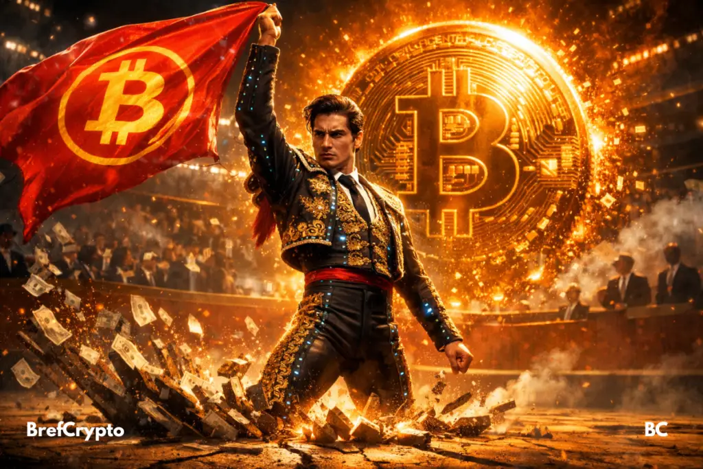 Un matador moderne en costume noir et or lève un drapeau rouge orné du symbole Bitcoin, dans une arène futuriste