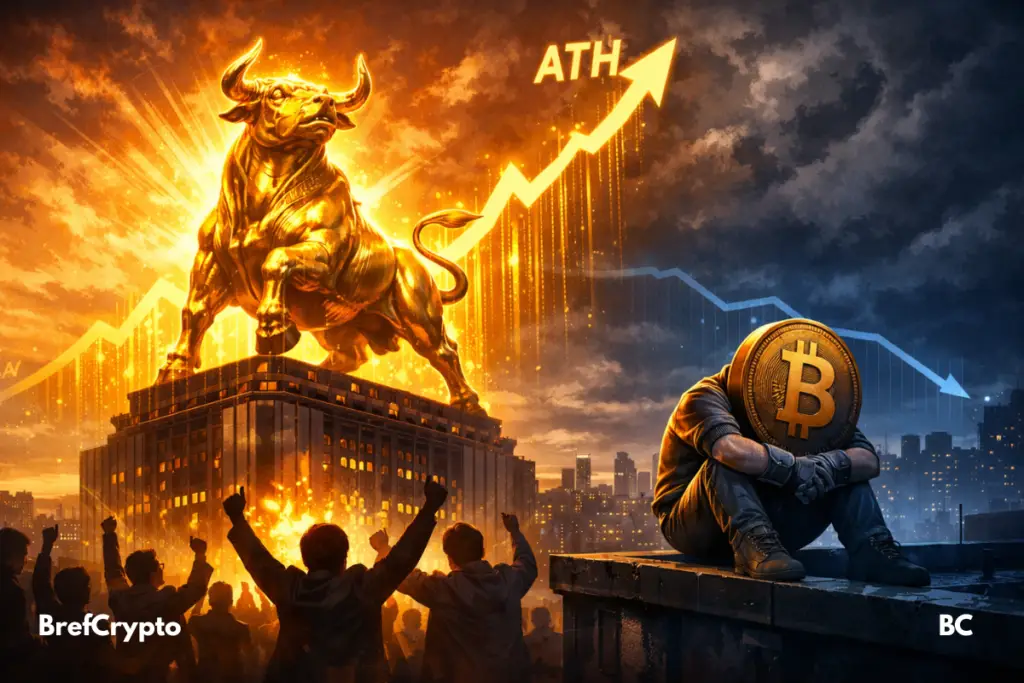 L’or atteint un nouvel ATH pendant que le Bitcoin reste en retrait Statue dorée de taureau symbolisant l’or en hausse, tandis que le Bitcoin anthropomorphe est assis en retrait sous un ciel orageux.