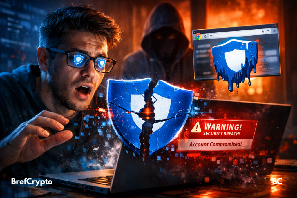 Homme choqué devant un ordinateur affichant une alerte de piratage crypto Trust Wallet, avec un hacker en arrière-plan.