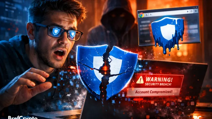 Homme choqué devant un ordinateur affichant une alerte de piratage crypto Trust Wallet, avec un hacker en arrière-plan.