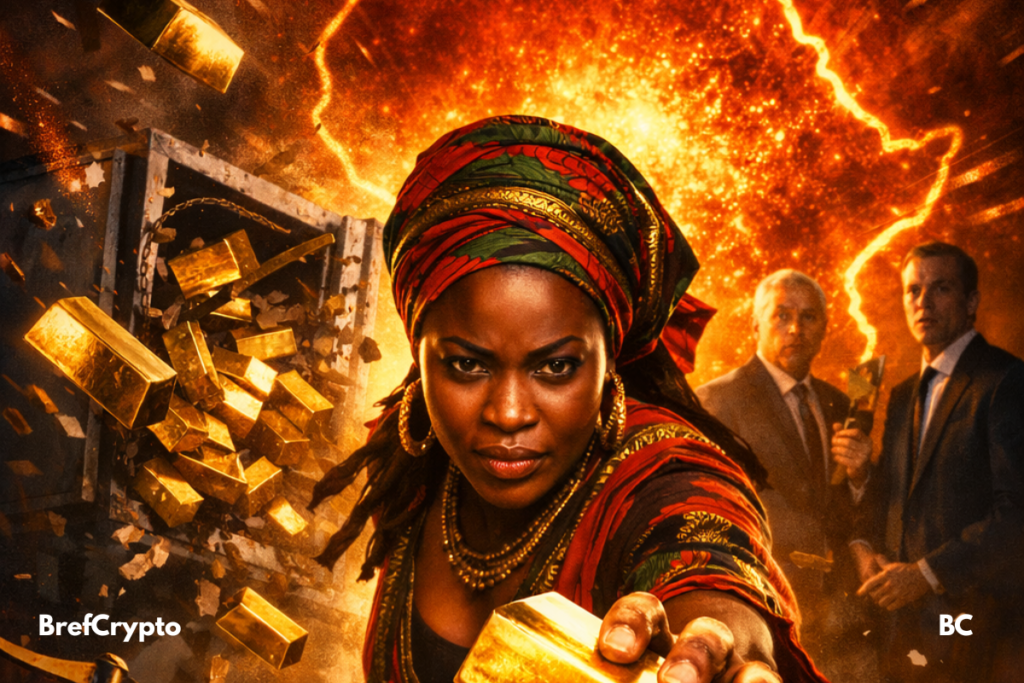 Une femme africaine tend la main vers un lingot d’or