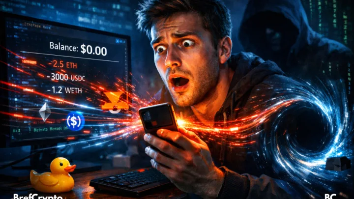 Un homme choqué voit son wallet crypto vidé, des flux numériques aspirés par un vortex, présence d’un hacker.