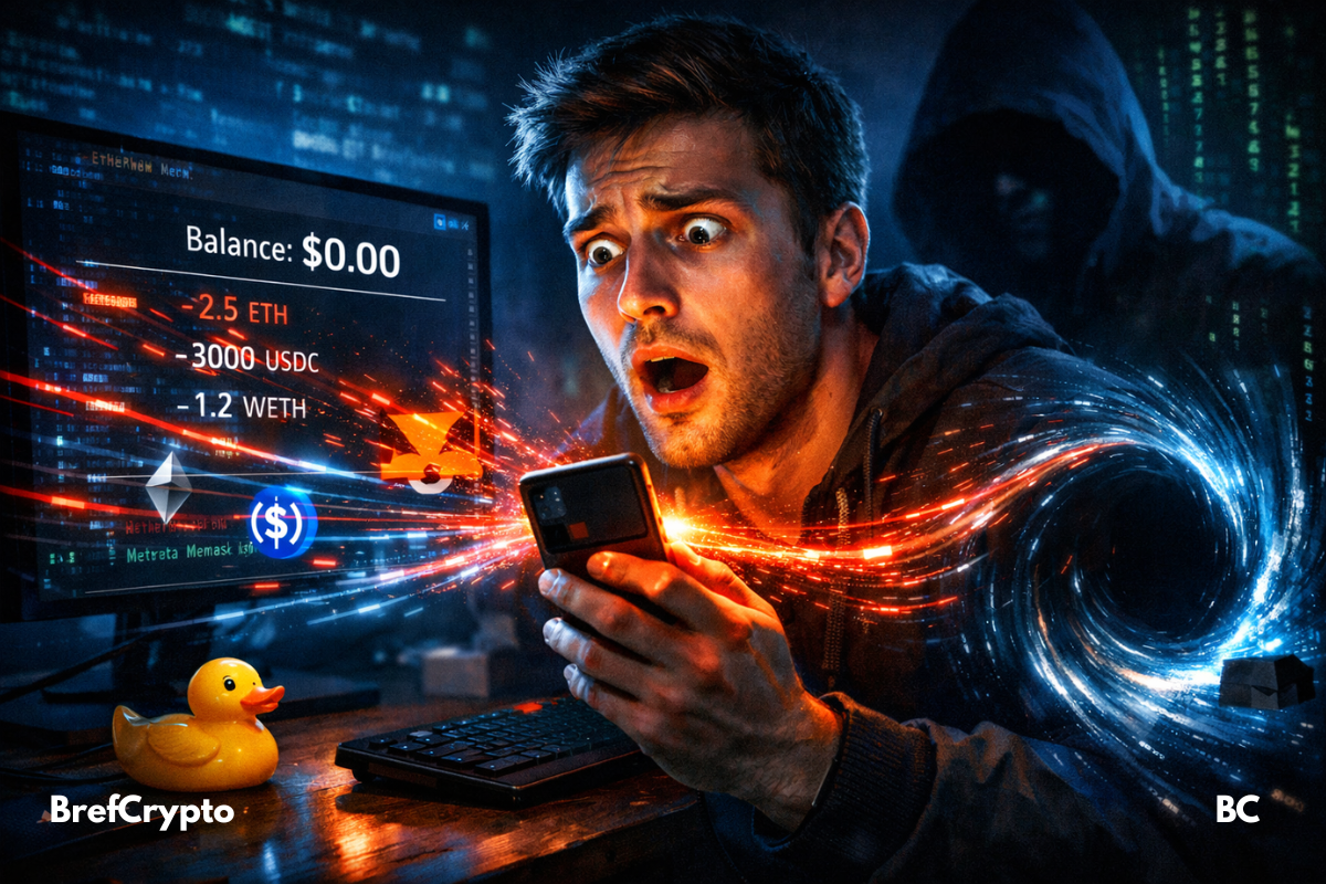 Un homme choqué voit son wallet crypto vidé, des flux numériques aspirés par un vortex, présence d’un hacker.