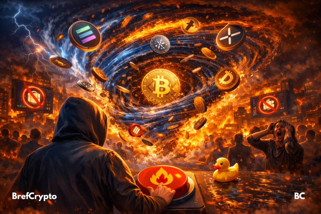 “Altcoins = inutiles” : La communauté crypto annonce une chute massive Un homme en capuche appuie sur un bouton rouge, aspirant des altcoins